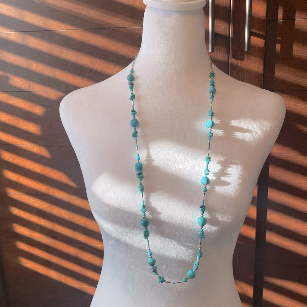 Long (36”) Sterling and Turquoise Necklace and Matching adjustable Anklet